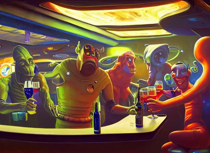 Prompt: crowded dive bar on a space station. an alien bartender serves a drink to a drunk human. painting by dan volbert and mandy jurgens and deiv calviz and lim chuan shin