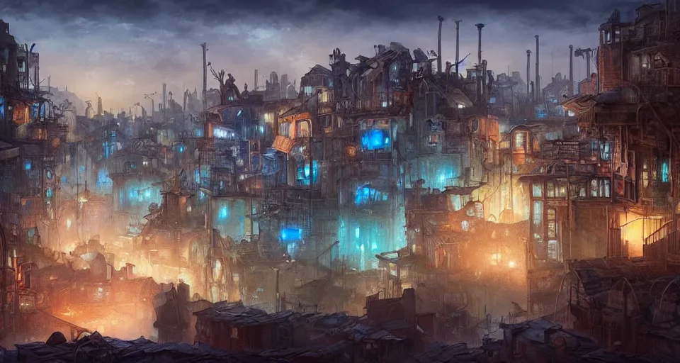 Image similar to landscape painting of the slums at the bottom of a fantasy metal steampunk city that has a light blue glow with walkways and lit windows, magali villeneuve, artgerm, rutkowski