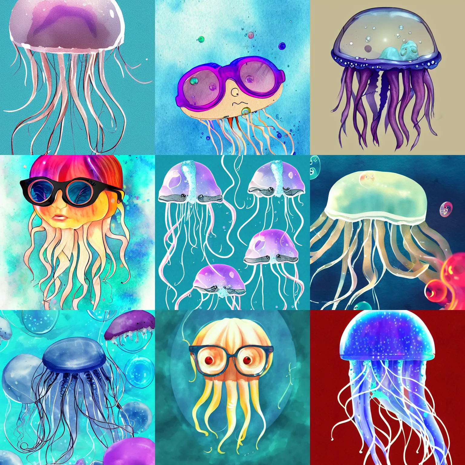 Prompt: jellyfish wearing glasses, glasses frames, underwater, digital watercolor, artstation, bubbles