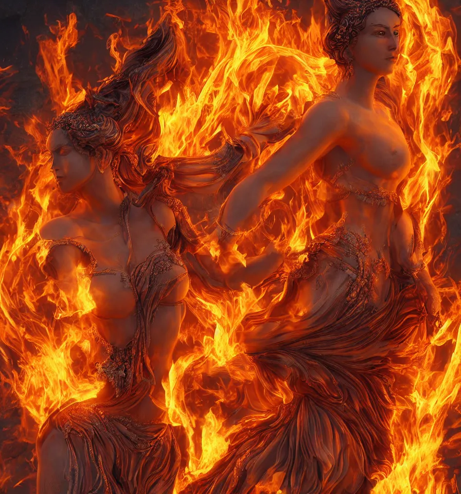 Image similar to goddess of flame, 8 k resolution, ultra realistic, detailed,