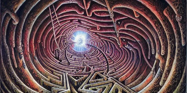 Image similar to maze labyrinth nebulapunk by dan seagrave with hidden creatures by patrick woodroffe