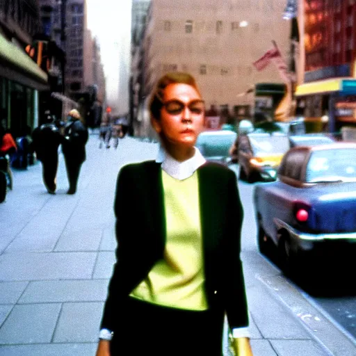 Prompt: street photography portrait of a woman in a suit in the streets of new york, 1 9 6 0 s, photo taken with ektachrome, featured on flickr, photographed on damaged film