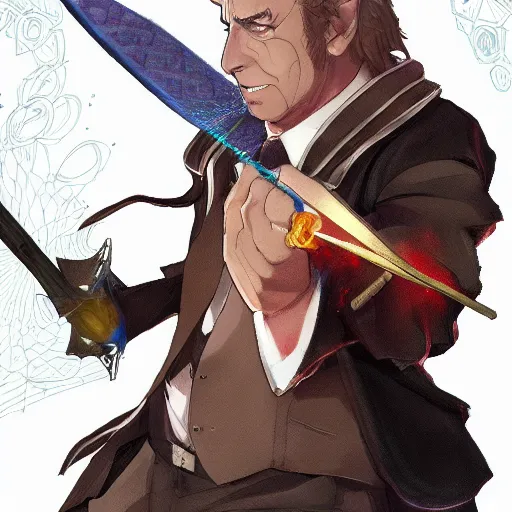 Image similar to portrait of saul goodman wielding the element of blade magecraft, wind, anime fantasy illustration by tomoyuki yamasaki, kyoto studio, madhouse, ufotable, trending on artstation