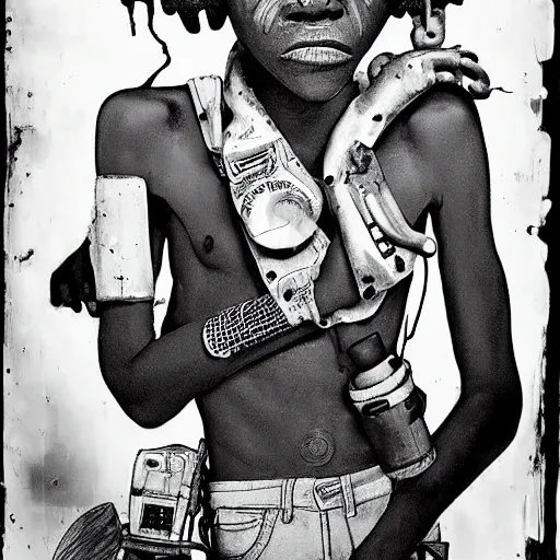 Prompt: an african boy from the movie tank girl, by jamie hewlett and sawoozer and roger ballen,