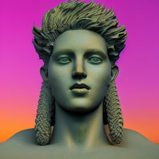 Image similar to vaporwave statue, trending on art station, 4k UHD, 8k, painting illustration, high detail, rendered in unreal engine, 3d render, god rays, volumetric lighting, award winning, photorealistic, vegetation, golden lighting