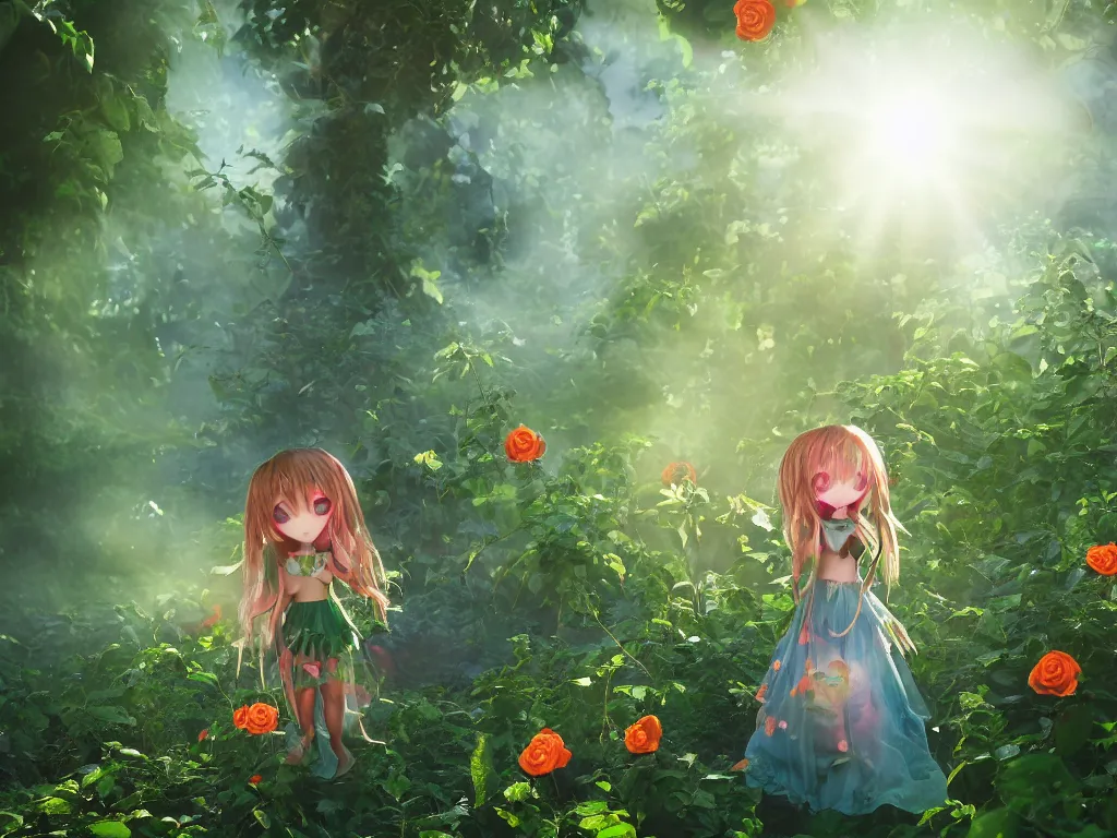 Prompt: cute fumo plush girl among vines in the middle of a lush rose garden, glowing ethereal gothic wraith plantgirl, tattered green dress, smoke and orange volumetric fog, blue sky sunshine lens flare, bokeh, vray