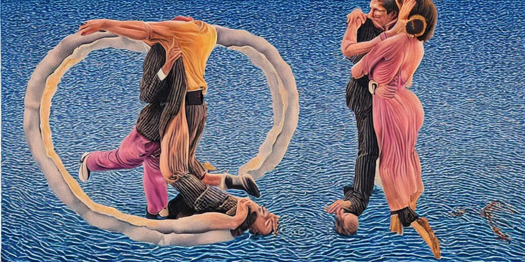 Image similar to optical illusion painting of a couple dancing in a worm hole, illusionism, mind blow, by leandro erlich and salvador dali, detailed