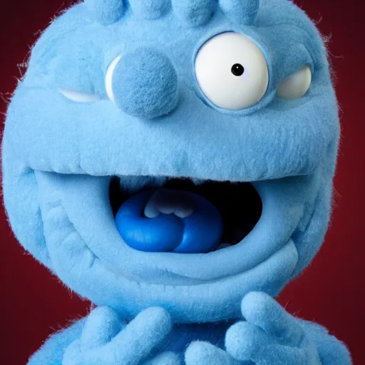 Image similar to mr meeseeks as a muppet. highly detailed blue felt. hyper real photo. 4 k.