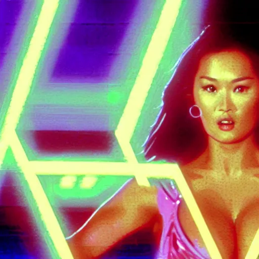 Prompt: a VHS still of a concept art with a photo of Tía Carrere in a vaporwave artwork composition, Windows98 logo, in the movie Lifeforce (1985) 8k, intricate, pastel colors