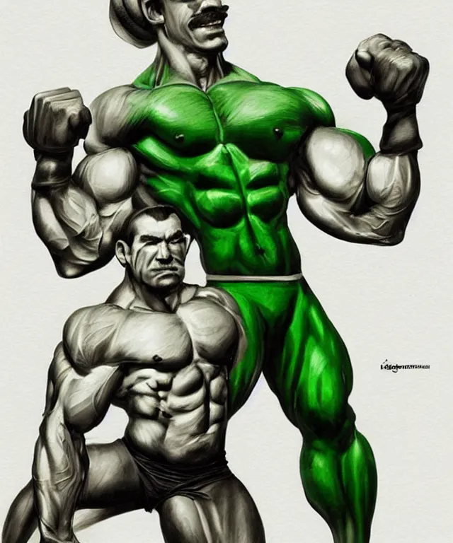 Image similar to muscular luigi wearing a green jumpsuit pumping iron in a dingy gym by ilya kuvshinov, bodybuilder ernest khalimov, super mario bros symmetrical face concept art, hyper realistic, intricate, elegent, highly detailed, digital painting, concept art, smooth, sharp, focus, illustration, art by artgerm and greg rutkowski and alphonse mucha, artstation