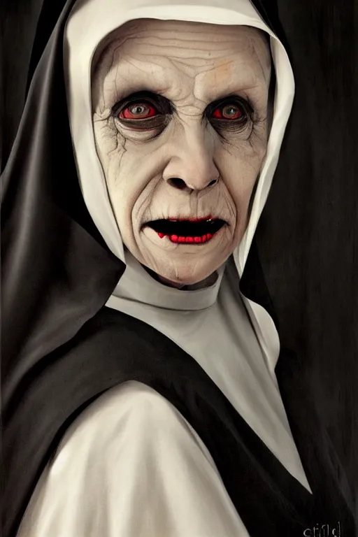 Image similar to portrait, digital painting, an evil old killer nun, black habit, realistic, hyperdetailed, spooky, chiaroscuro, backlit, black background, concept art, art by vermeer