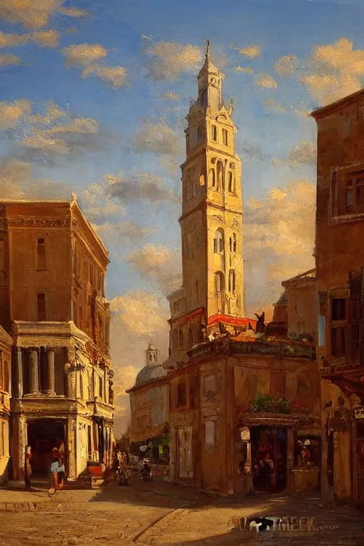 Image similar to painting of view of old European city with mix of middle eastern architecture fusion, photoreal, sunset light, painting by Charles Leickert , old master painting