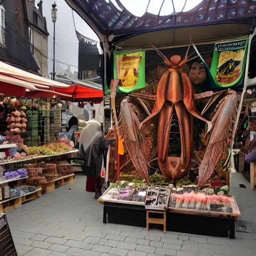 Image similar to Photorealistic human-sized Mantis religiosa shipping in medival street market