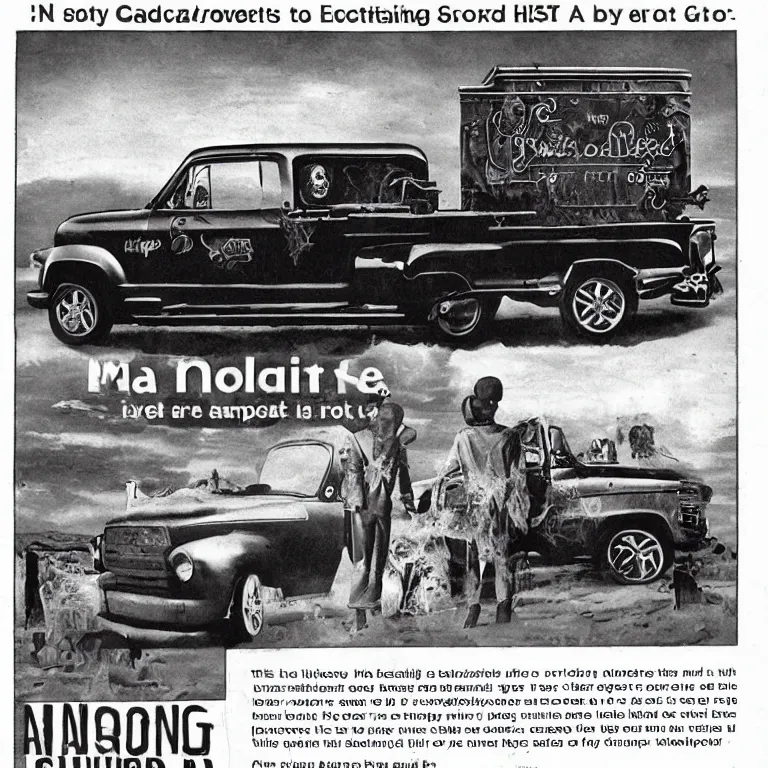 Prompt: A magazine advertisement for an extremely spooky haunted pickup truck