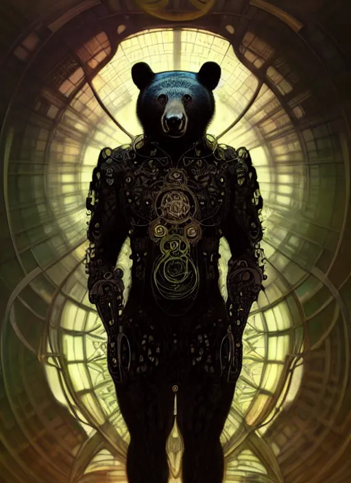 Image similar to organic cyborg, anthropomorphic asian black bear, diffuse lighting, fantasy, intricate, elegant, highly detailed, lifelike, photorealistic, digital painting, artstation, illustration, concept art, smooth, sharp focus, art by John Collier and Albert Aublet and Krenz Cushart and Artem Demura and Alphonse Mucha