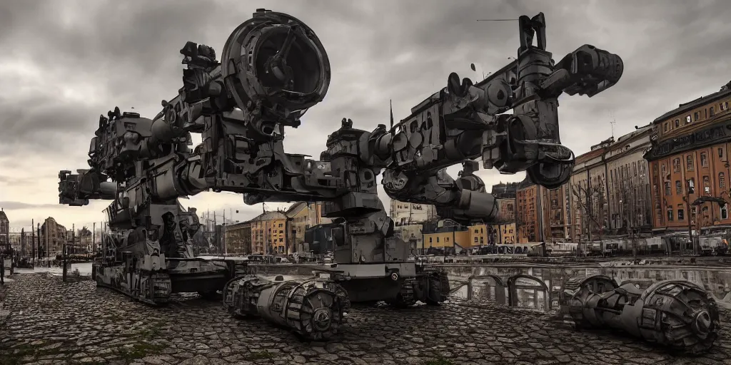 Image similar to artillery Mech in helsinki finland, cinematic composition, shot on film, hyper realistic, 4k resolution