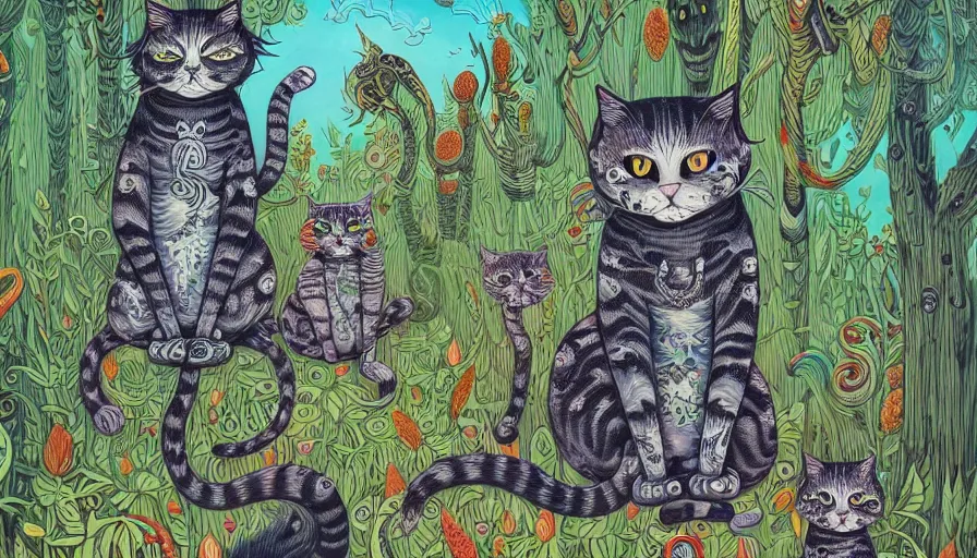 Image similar to highly detailed contemporary acrylic painting of really tall sitting cats by joe fenton, thick brush strokes and visible paint layers, dense overgrown forest background, vivid pastel color scheme