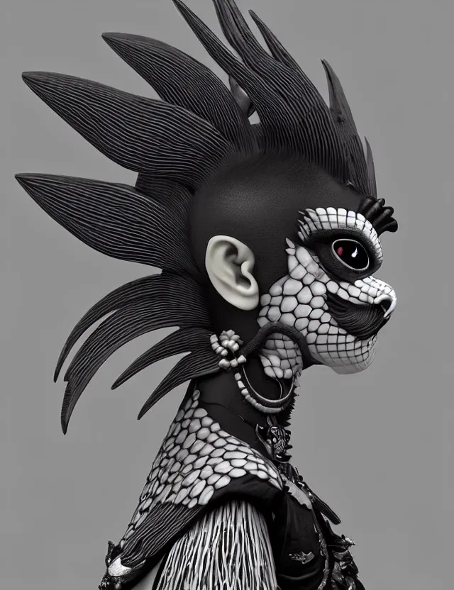 Image similar to 3 d goddess close - up profile simple portrait punk with mohawk with goat skull. beautiful intricately detailed japanese crow kitsune mask and clasical japanese kimono. betta fish, jellyfish phoenix, bio luminescent, plasma, ice, water, wind, creature, artwork by tooth wu and wlop and beeple and greg rutkowski