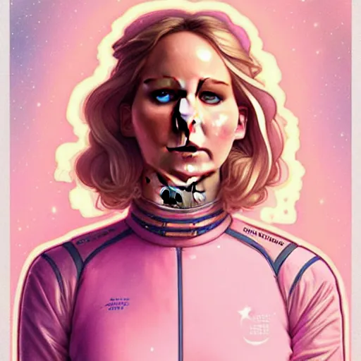 Prompt: Portrait of Jennifer Lawrence in pastel pink spacesuit by artgerm and greg rutkowski and alphonse mucha