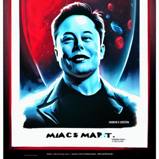 Image similar to movie poster of elon musk as a villain who looks at the planet mars with a macabre smile, his face is illuminated with a red light, drew struzan style