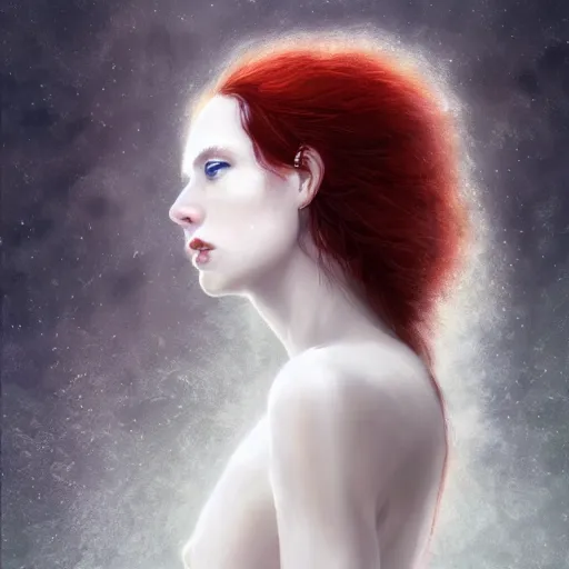 Prompt: a portrait of a ice queen with long dark curly red hair, stoic, pale skin, alone, white eyes, dramatic, epic painting, painting by wlop, nixeu and sakimichan, cgsociety, roses, wolf, crows beautiful, artbreeder, artstation, octane render, sharpness, 8 k, golden ratio