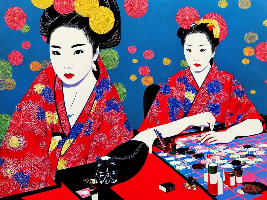 Image similar to hyperrealistic composition of the detailed woman in a japanese kimono sitting at a poker table with detailed darth vader, fireworks, mount fuji on the background, pop - art style, jacky tsai style, andy warhol style, acrylic on canvas