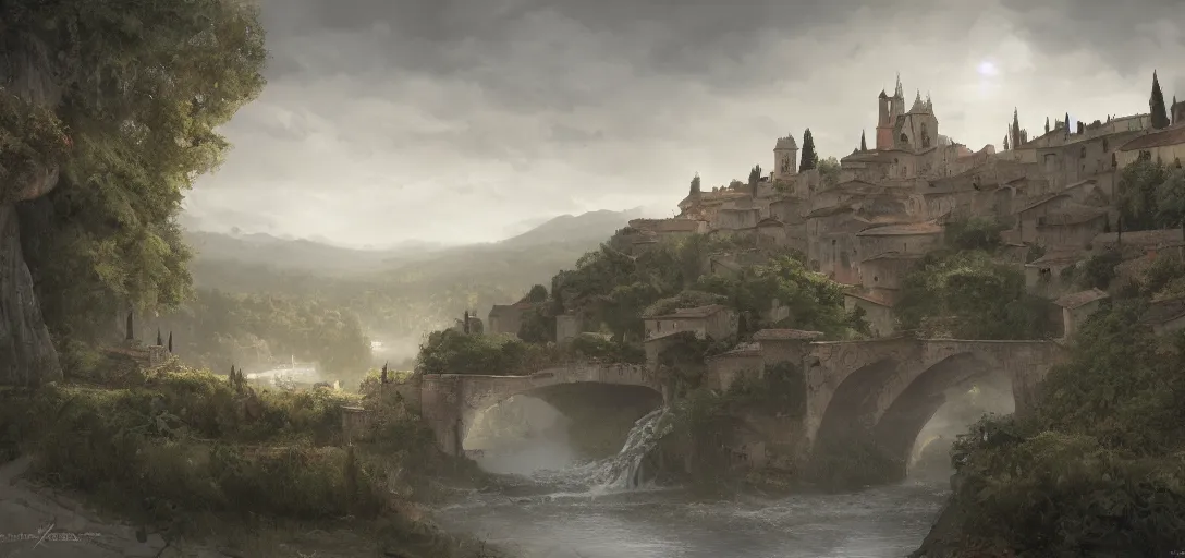 Image similar to lourmarin, landscape, alex ross, eddie mendoza, raphael lacoste, sebastian ludke, concept art, matte painting, highly detailed, rule of thirds, dynamic lighting, cinematic, detailed, magnificiant landscape, denoised, centerd