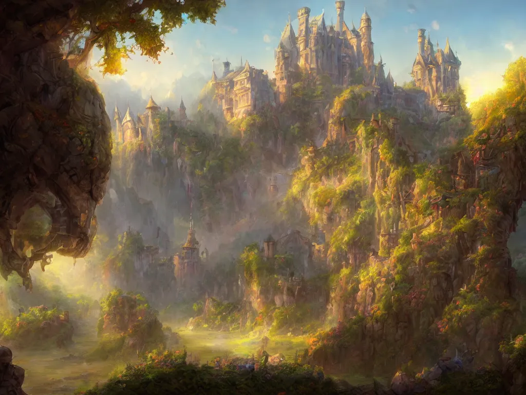 Prompt: a beautiful masterpiece painting of a castle in a fantasy landscape by tyler edlin, perfect fine weather, summer, award winning, trending on artstation,