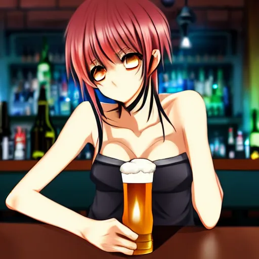 Prompt: Masculine looking anime girl at a bar drinking a beer, warm glow from the lights, angle that looks up at her from below, deviantart, pixiv, detailed face, smug appearance, beautiful anime, obviously drunk with reddish cheeks, detailed anime eyes