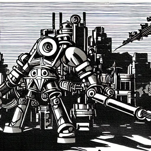 Prompt: A steampunk-style mech with machine guns, rocket launchers, and lasers towering over a city
