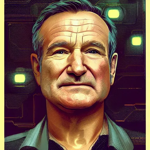 Prompt: robin williams dressed as a bladerunner, sci fi, intricate, elegant, highly detailed, digital painting, artstation, concept art, matte, sharp focus, illustration, art by greg rutkowski and alphonse mucha