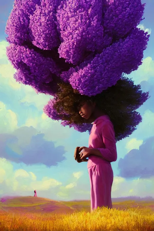 Image similar to portrait, giant lilac flower as head, black girl in heather field, surreal photography, golden hour, colorful clouds, impressionist painting, digital painting, artstation, simon stalenhag