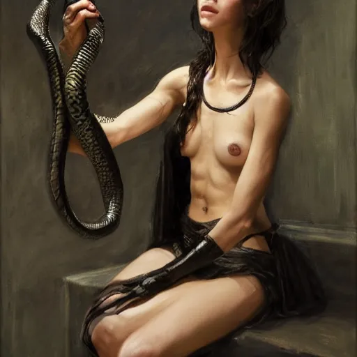 Image similar to nagini, female, long, black scales, chest coverd, cinematographic shot, by daniel f. gerhartz