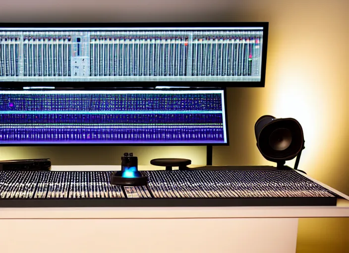 Image similar to studio photo still of an audio mixing board, 8 k, studio lighting, overhead spotlights