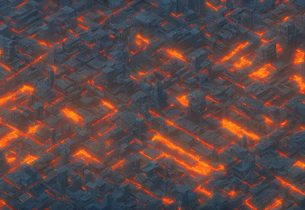 Image similar to a city made out of magma, rendered by simon stalenhag, beeple, makoto shinkai, syd meade, environment concept, digital art, unreal engine, wlop, trending on artstation, low level, 4 k uhd image, octane render