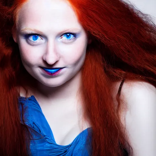 Image similar to artistic photo of a young beautiful woman, looking at the camera, long flowing red hair, greyish blue eyes, slight cute smile, mouth slightly open, studio lighting, award winning photo by Annie Liebowitz