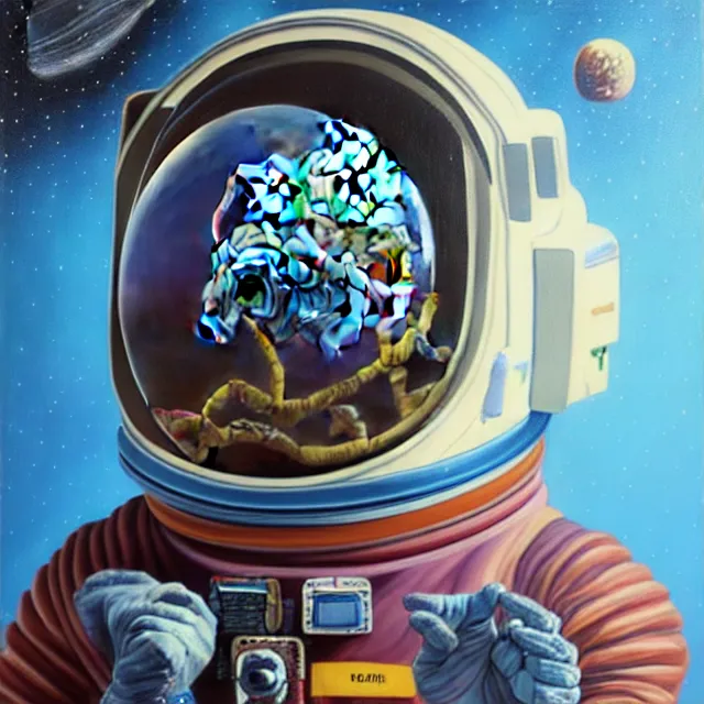 Image similar to an oil on canvas portrait painting of an astronaut, polycount, surrealism, surrealist, cosmic horror, high detail