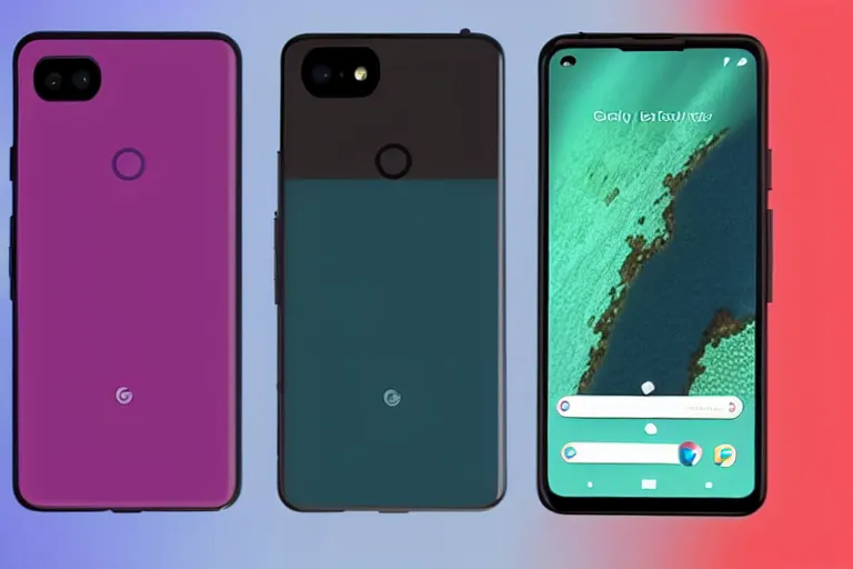 Image similar to a front and back render of the pixel 4XL but it has a full front screen with no bezels and 5 cameras on the back