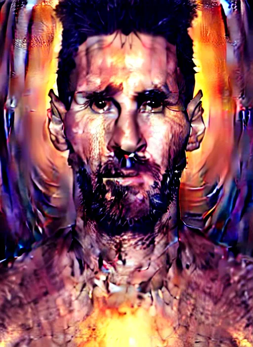 Image similar to a gorgeous lionel messi photo, professionally retouched, soft lighting, wearing shiny gold catsuit, illuminated by floating, glowing alien symbols, realistic, smooth face, perfect eyes, wide angle, sharp focus on eyes, 8 k high definition, insanely detailed, intricate, elegant, art by artgerm and wlop