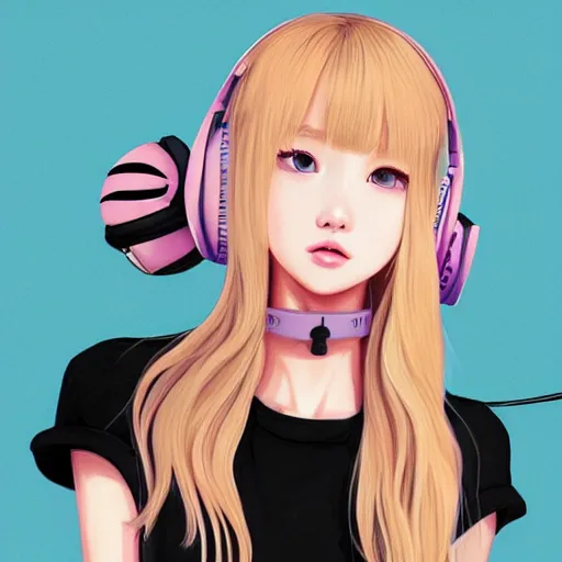 Image similar to realistic beautiful gorgeous natural cute Blackpink Lalisa Manoban blonde hair cute fur blonde cat ears, wearing summer outfit, wearing headphones, wearing black leather choker artwork drawn full HD 4K highest quality in artstyle by professional artists WLOP, Taejune Kim, Guweiz on Artstation Pixiv