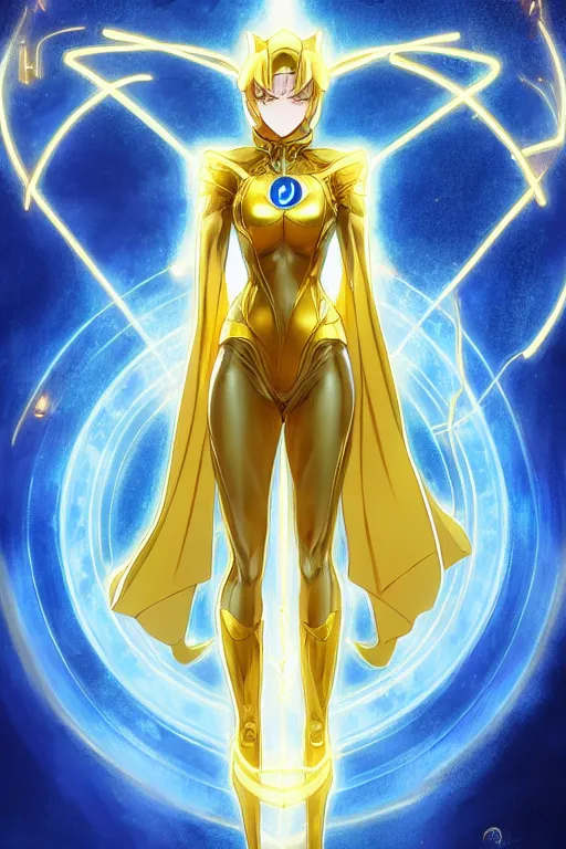 Image similar to anime key visual of a beautiful young female doctor fate!! intricate, gold and blue suit, cape, glowing, powers, dc comics, cinematic, stunning, highly detailed, digital painting, artstation, smooth, hard focus, illustration, art by artgerm and greg rutkowski and alphonse mucha