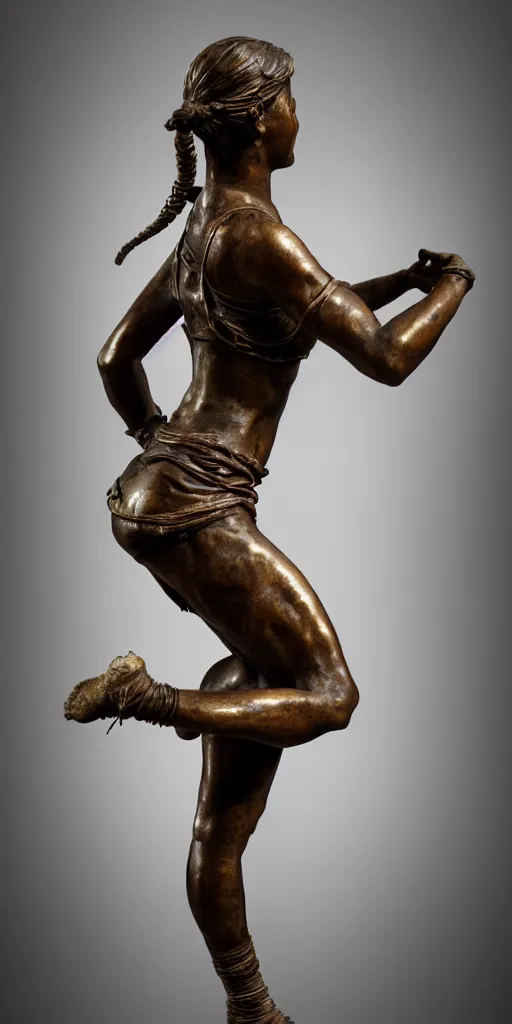 Prompt: detailed photo of old bronze patina statue of a lara croft dancing woman, full body, photorealism, intricate detail, museum diffuse lighting