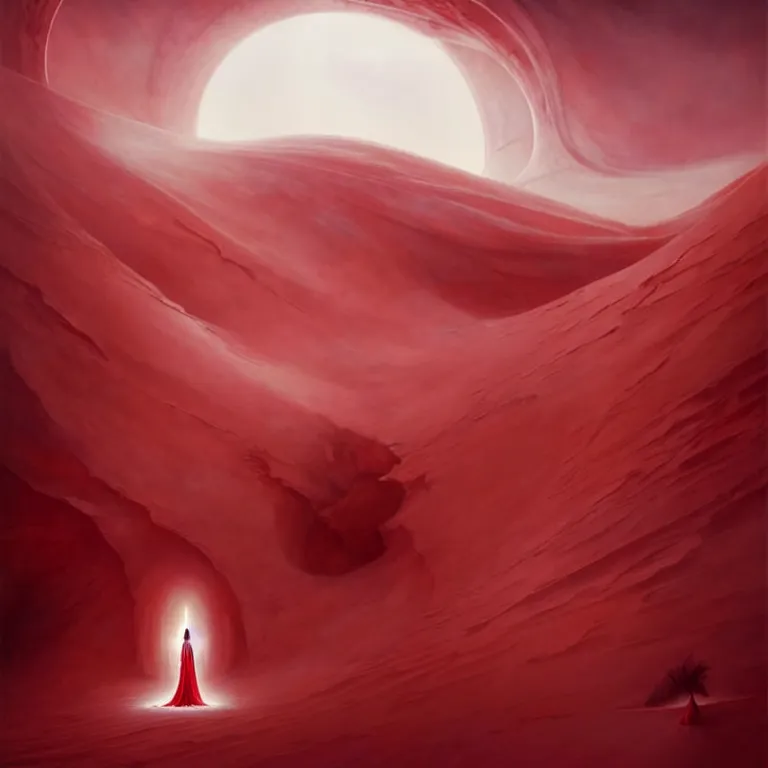 Image similar to one lone singular swirling otherworldly angelic figure shrouded in red robes emerges from extensive barren white dunescape, matte painting by peter mohrbacher and filip hodas, background basilica sacre coeur, godrays, high contrast, highly detailed, a
