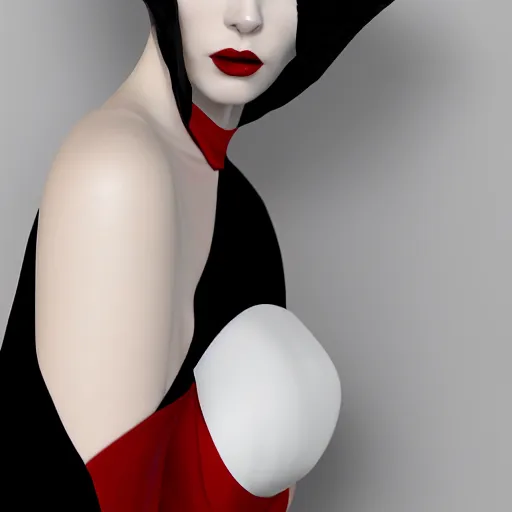 Prompt: portrait of a classy pale goth woman with elegant curvy multilayered red-white-black nylon high-neck dress, thin waist, photorealistic, sublime, 16k, smooth, sharp focus, cgsociety, trending on ArtStation, volumetric lighting