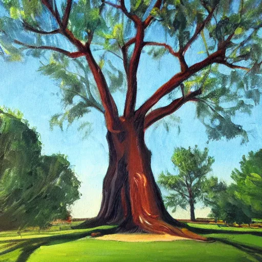 Image similar to a giant tree in the middle of a park, oil painting