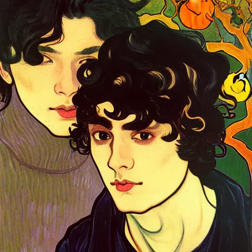 Image similar to painting of young cute handsome beautiful dark medium wavy hair man in his 2 0 s named shadow taehyung and cute handsome beautiful min - jun together at the halloween party, bubbling cauldron, candles, smoke, tarot, autumn colors, elegant, stylized, soft facial features, delicate facial features, art by alphonse mucha, vincent van gogh, egon schiele