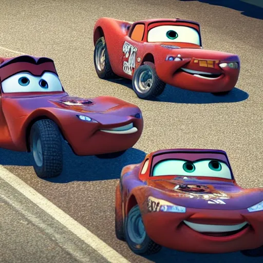 Image similar to a still from a gritty remake of cars, where lightning mcqueen gets into a greusome car accident with tow mater. rendered in 4 k with presto animation software.