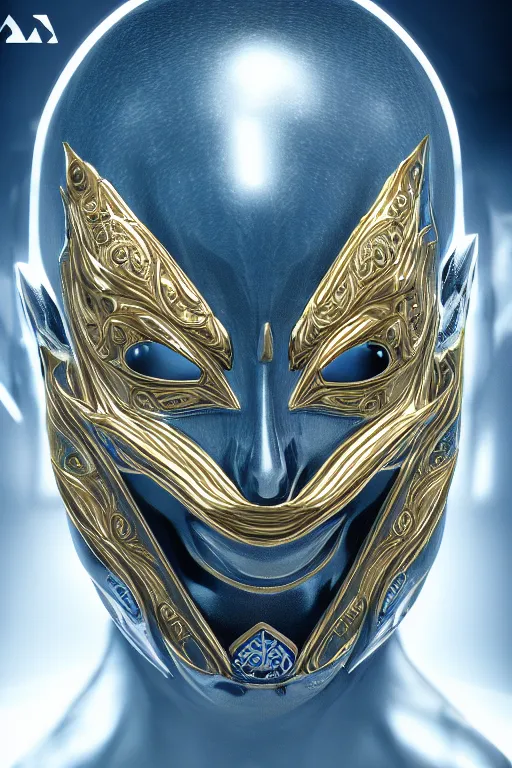 Prompt: symmetric hyper realistic elegant alien portrait, blue metallic skin, jewelry intricate details, unreal engine5, octane, with a gold filigree mask