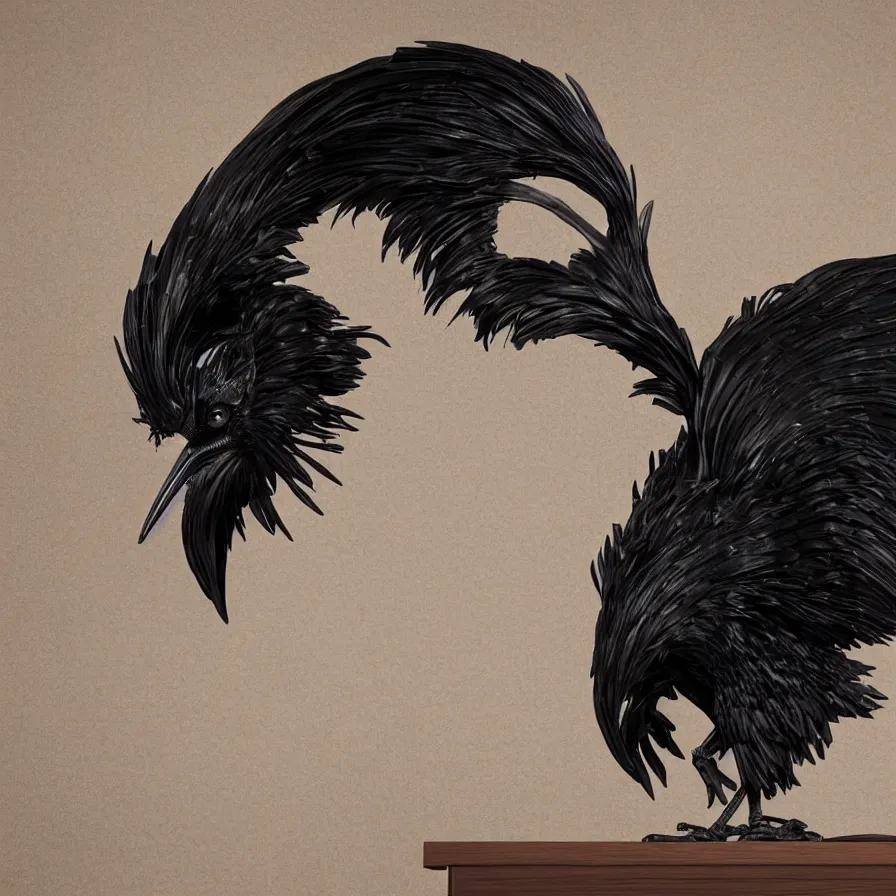Prompt: an image of a masquerade mask shaped like a raven sitting on a wooden desk, highly detailed, cinematic lighting, realistic, 8 k, rendered in unreal