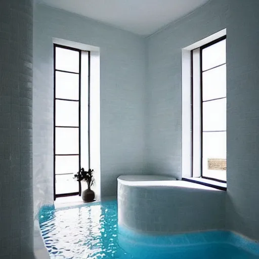 Image similar to “Dream Pool in rooms of white ceramic tile, sunlight coming in from windows with a blue sky”